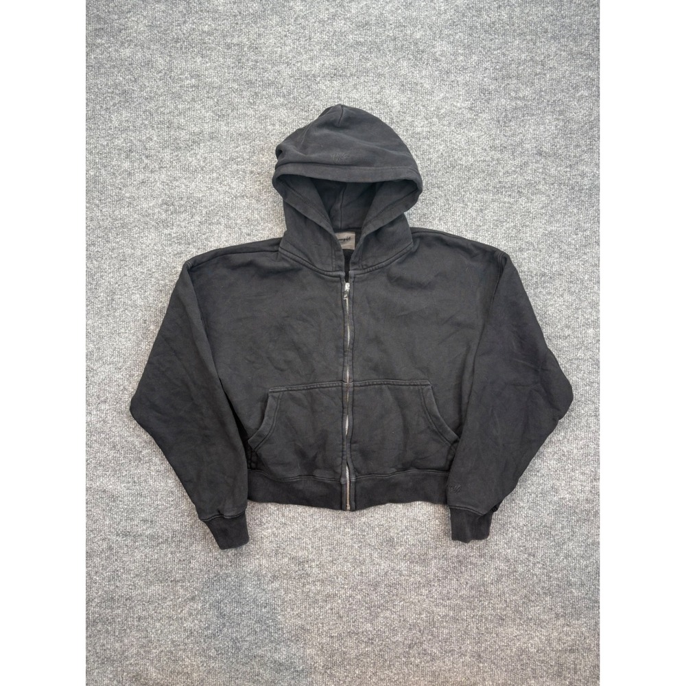 YoungLA Women Small Washed Black Cropped Zip Up Hoodie Embroidered Logo Fleece